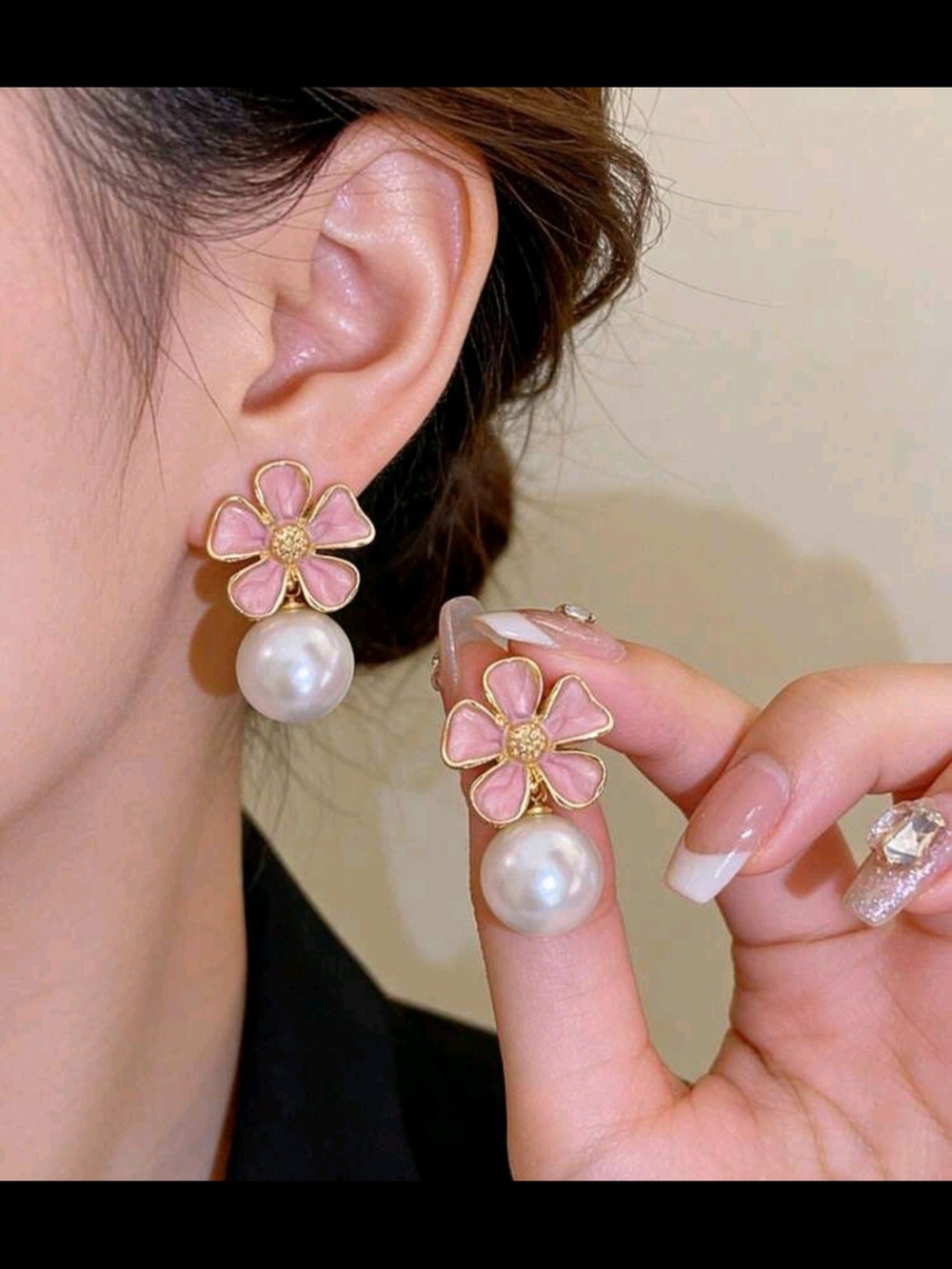 Pink Floral Faux Pearl Drop Earrings New!